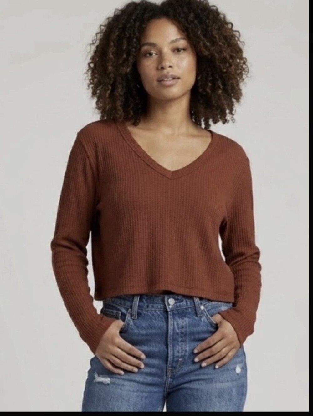 NWT We The Free People Waffle Knit Cropped V-Neck Top Cherry Mahogany